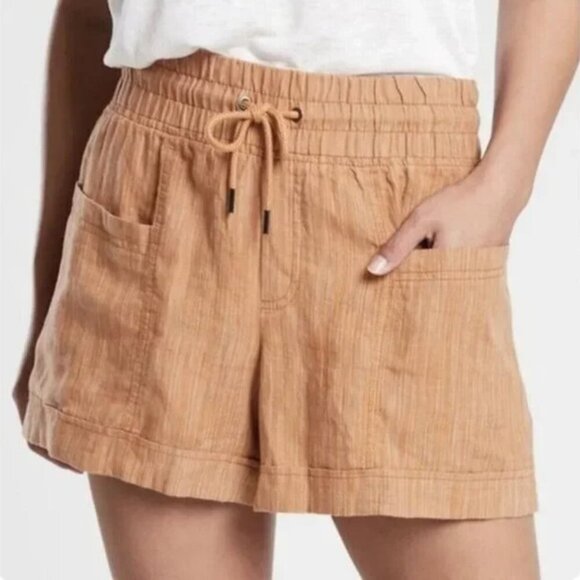 Athleta Cabo Linen Textured 4'' Shorts Women 8 Toasted Ochre Drawstring Summer - Picture 1 of 7